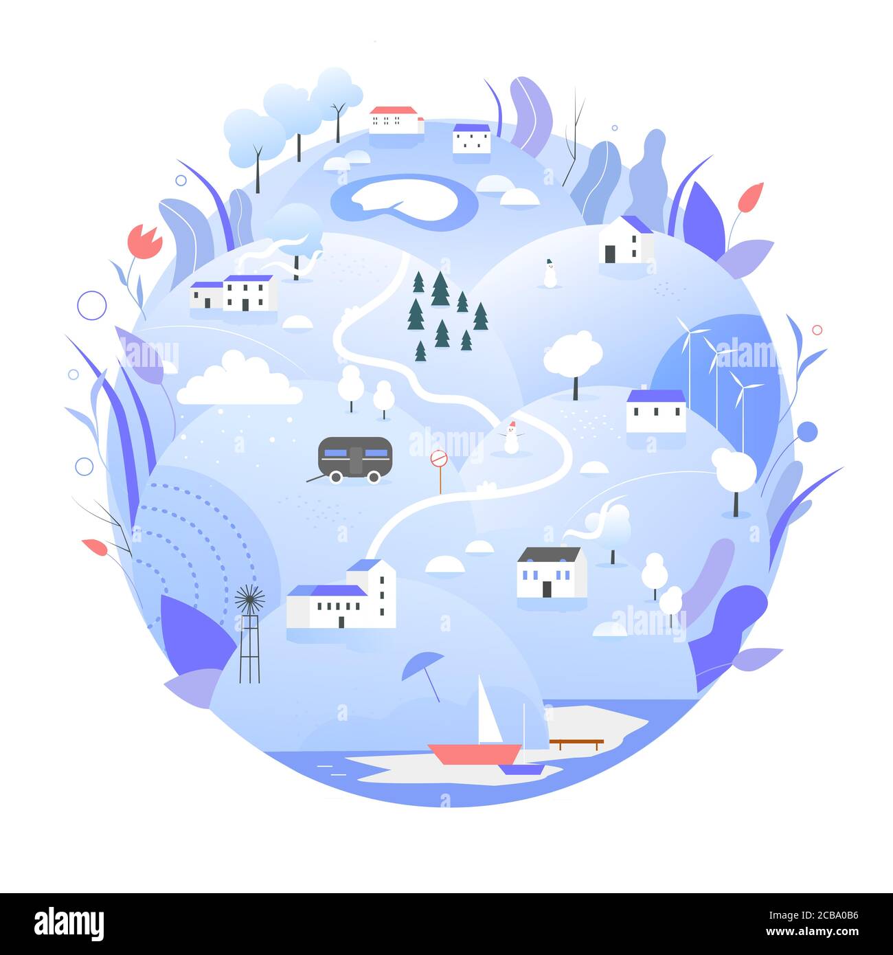 Illustrazione vettoriale del pianeta della Terra invernale. Cartoon blu globo piano con la natura, campagna rurale paesaggio agricolo in inverno, salvare la terra pianeta ecologia concetto, eco Giornata della Terra isolato su bianco Illustrazione Vettoriale