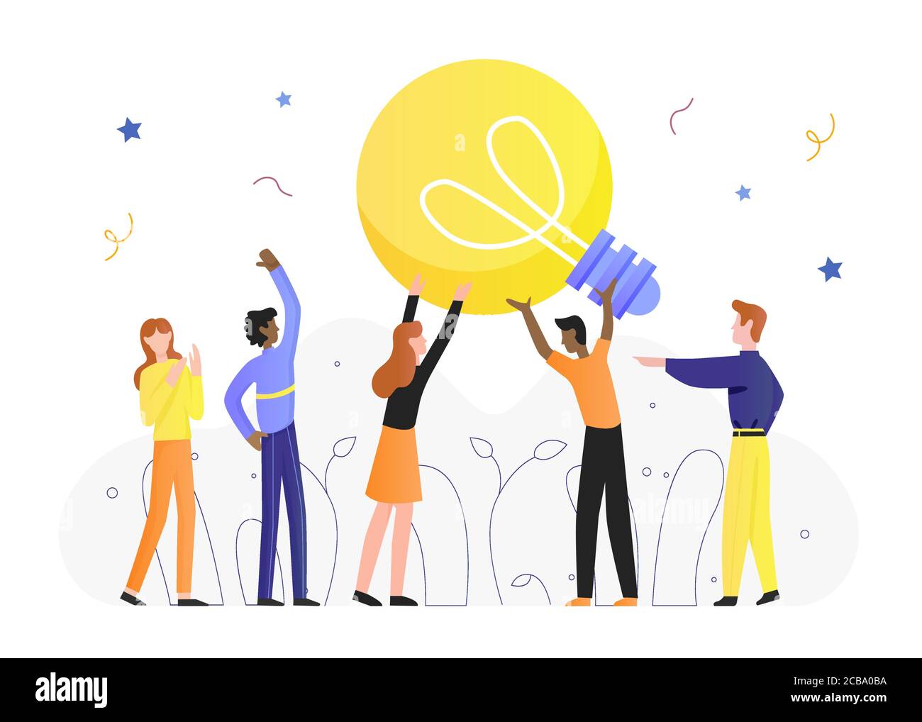 Illustrazione vettoriale del concetto di lampadina. Cartoon piatto minuscolo uomo donna personaggi tenere lampada lampada lampada lampadina, creare di idee innovative, creativo brainstorm, creatività e immaginazione isolato su bianco Illustrazione Vettoriale