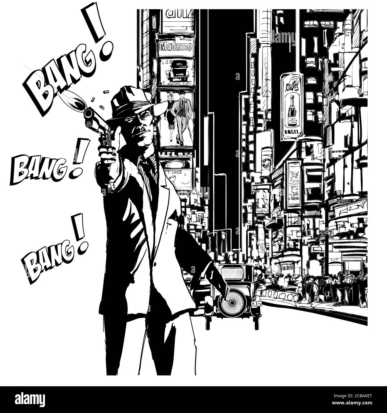Gangster con una pistola nella città di New York - illustrazione vettoriale (ideale per la stampa su tessuto o carta, poster o carta da parati, decorazione della casa) Illustrazione Vettoriale