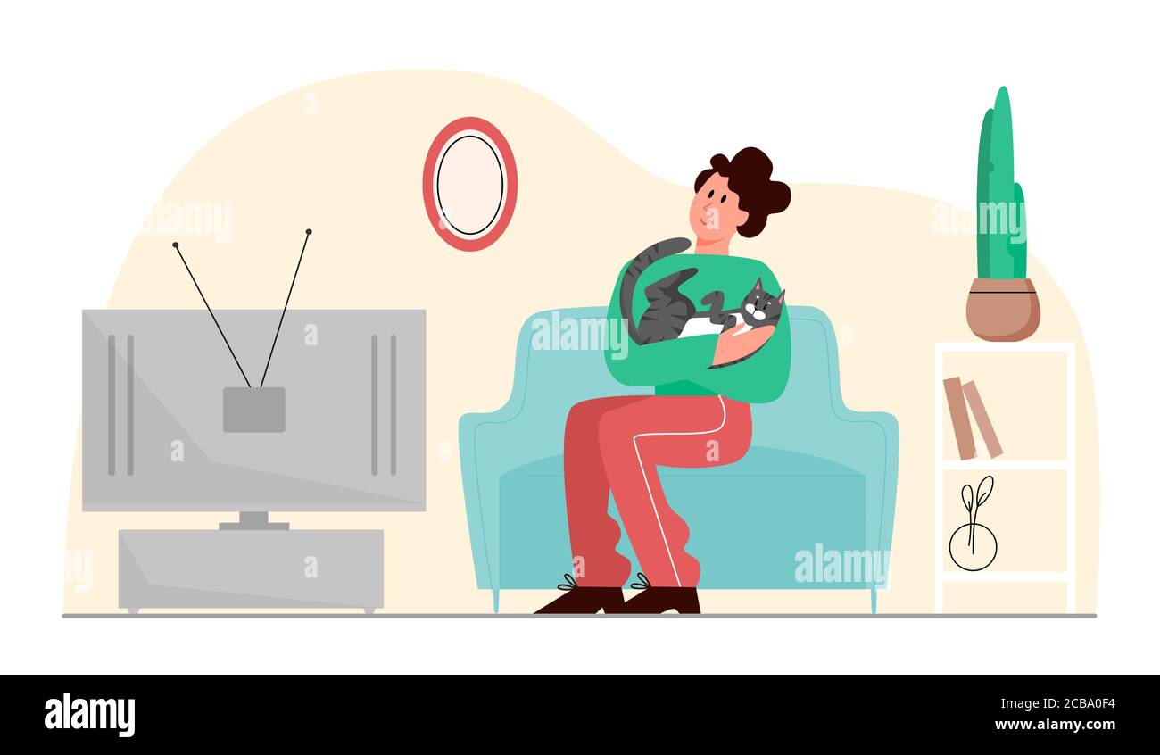 Persone tempo con animale domestico gatto vettore illustrazione. Cartoon piatto uomo felice personaggio proprietario seduto sul divano in casa soggiorno, guardare la tv, trascorrere il tempo di divertimento con il proprio animale, amico gatto isolato su bianco Illustrazione Vettoriale