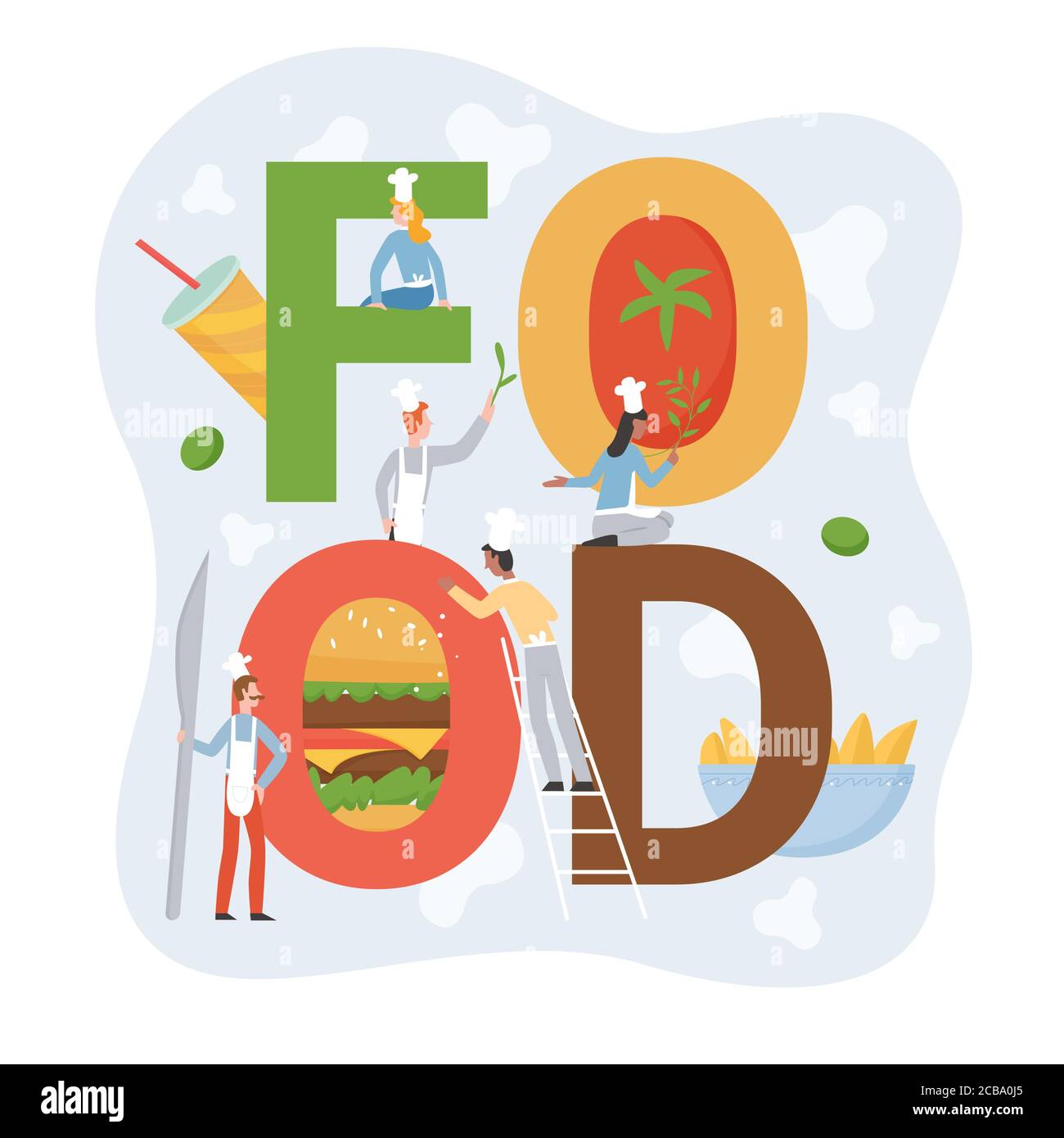 Chef persone con cibo lettering illustrazione vettoriale. Cartoon piatto minuscolo cucina personale personaggi in grembiule in piedi con lettere, che serve fast food hamburger o patatine fritte, servizio di catering isolato su bianco Illustrazione Vettoriale