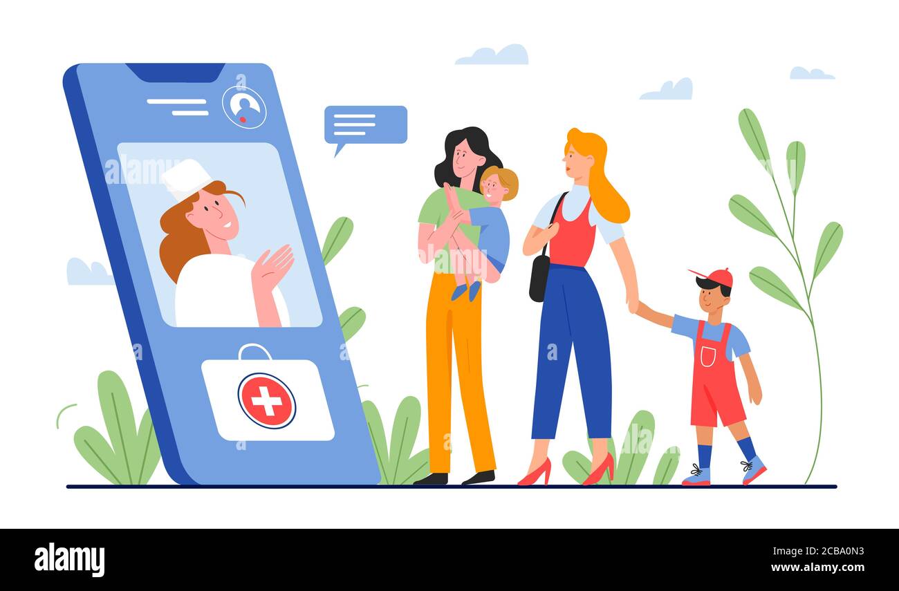 Online medico consultazione medica illustrazione vettoriale. Cartoon pazienti a famiglia piatta, madre con medico di consulenza bambino su schermo smartphone, concetto di applicazione telemedicina isolato su bianco Illustrazione Vettoriale