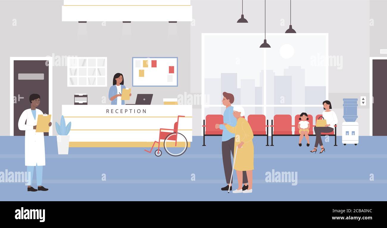 Illustrazione vettoriale piatta della sala di accoglienza dell'ospedale. Cartoon pazienti personaggi, persone ospedalizzate attendere la consultazione medica in clinica medici ricettista sala d'attesa. Medicina sanitaria di base Illustrazione Vettoriale