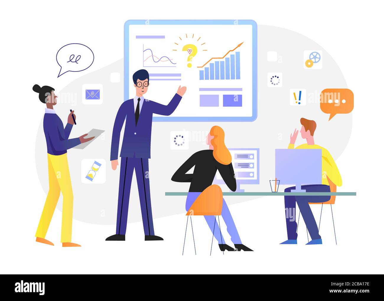 Il lavoro di squadra del personale di affari nell'illustrazione vettoriale dell'ufficio. Cartoon piano uomo d'affari formatore personaggio insegnante formazione dipendenti squadra studenti, lavorando con la presentazione aziendale isolato su bianco Illustrazione Vettoriale