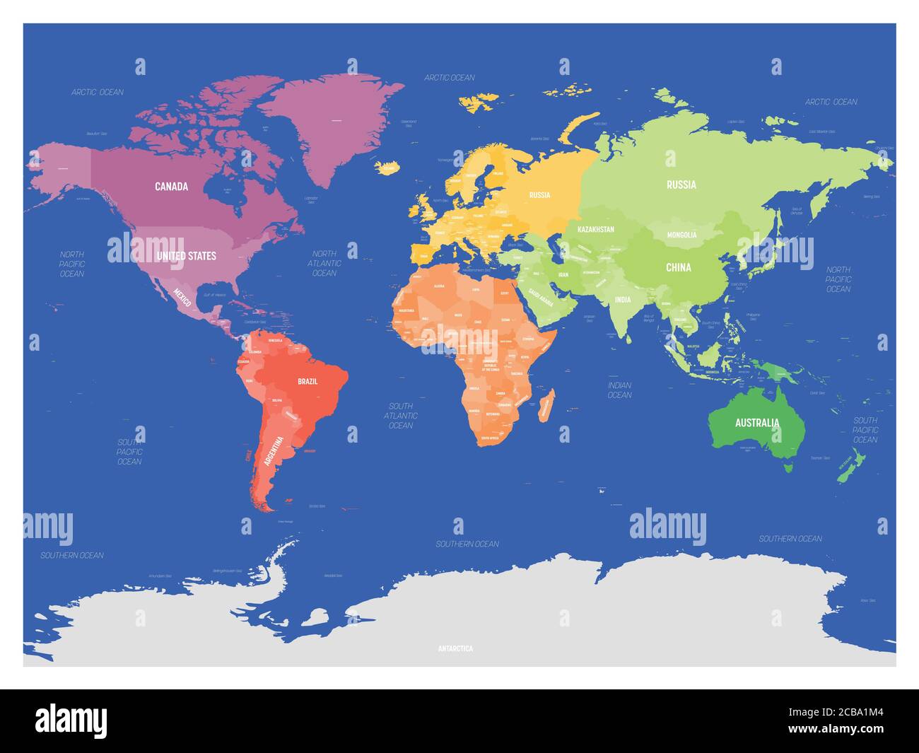 Colorata mappa politica del mondo divisa in sei continenti su sfondo blu scuro. Con paesi, capitali, mari e oceani etichette. Illustrazione vettoriale. Illustrazione Vettoriale