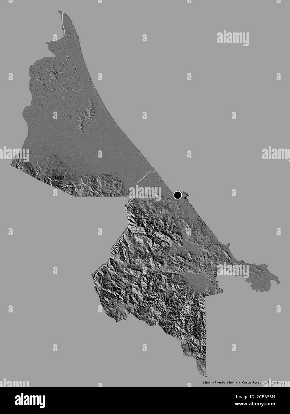 Forma di Limón, provincia della Costa Rica, con la sua capitale isolata su uno sfondo a tinta unita. Mappa elevazione bilivello. Rendering 3D Foto Stock