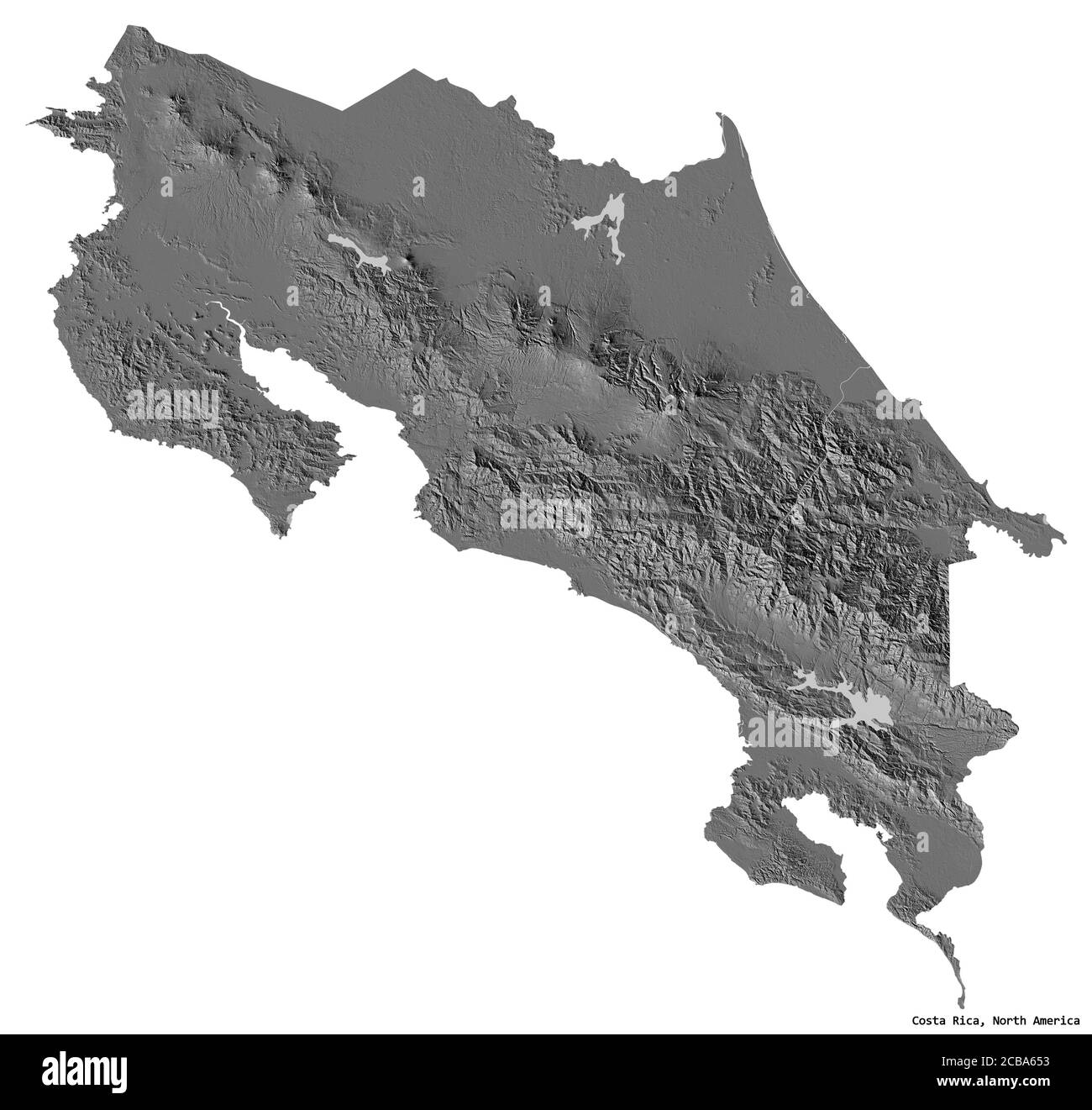 Forma della Costa Rica con la sua capitale isolata su sfondo bianco. Mappa elevazione bilivello. Rendering 3D Foto Stock