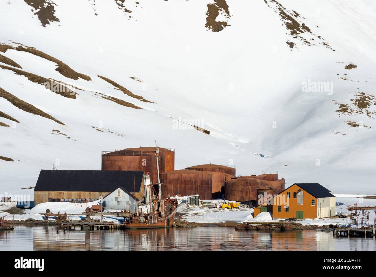 Ex stazione di caccia alle balene Grytviken, King Edward Cove, Georgia del Sud, Georgia del Sud e Isole Sandwich, Antartide Foto Stock