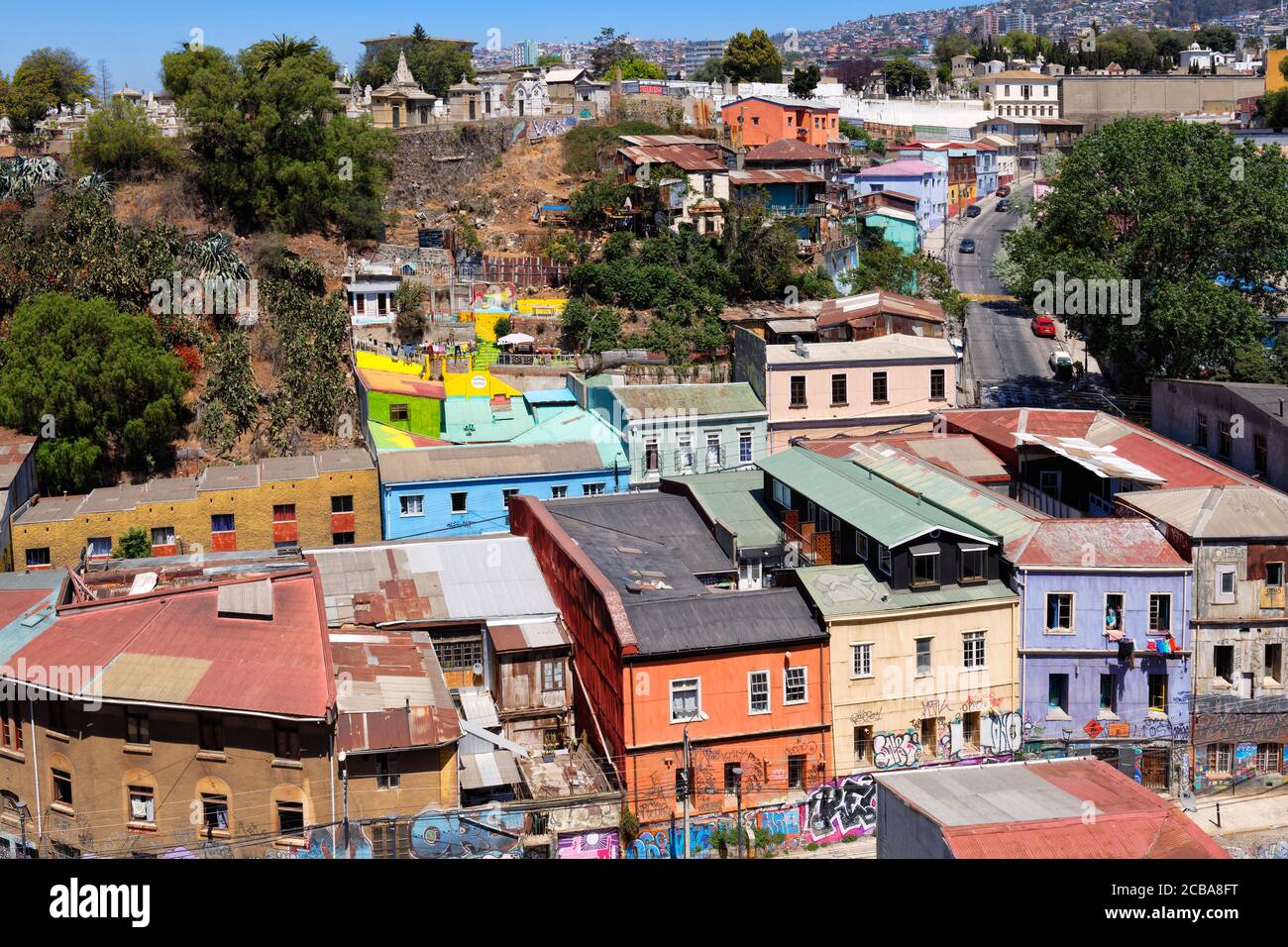 Case tradizionali, Cerro Alegre, quartiere storico, Valparaiso, Cile Foto Stock