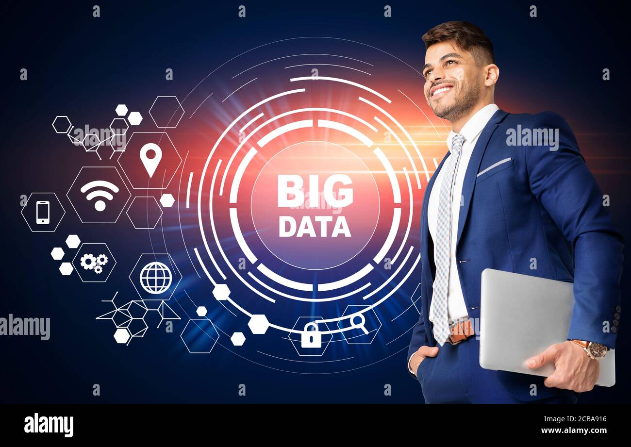 Concetto di big data con icone sorridenti di uomini d'affari e computer, collage creativo Foto Stock