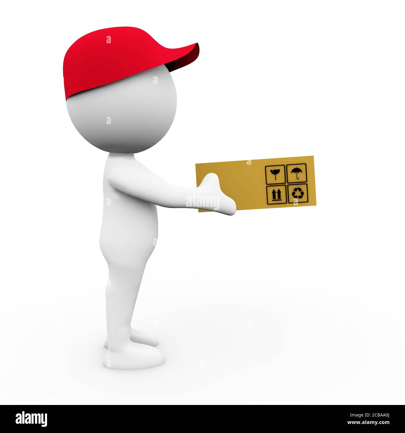 Rappresentazione 3D di un'icona umana con un rosso cappello che tiene una scatola Foto Stock
