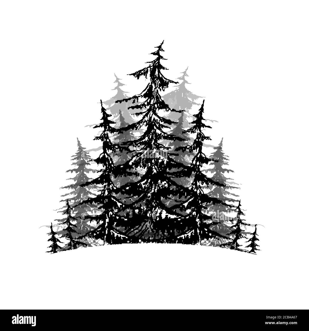 Schizzo di alberi in bianco e nero. Elemento vettoriale per loghi, infografiche, brochure e il tuo design. Illustrazione Vettoriale