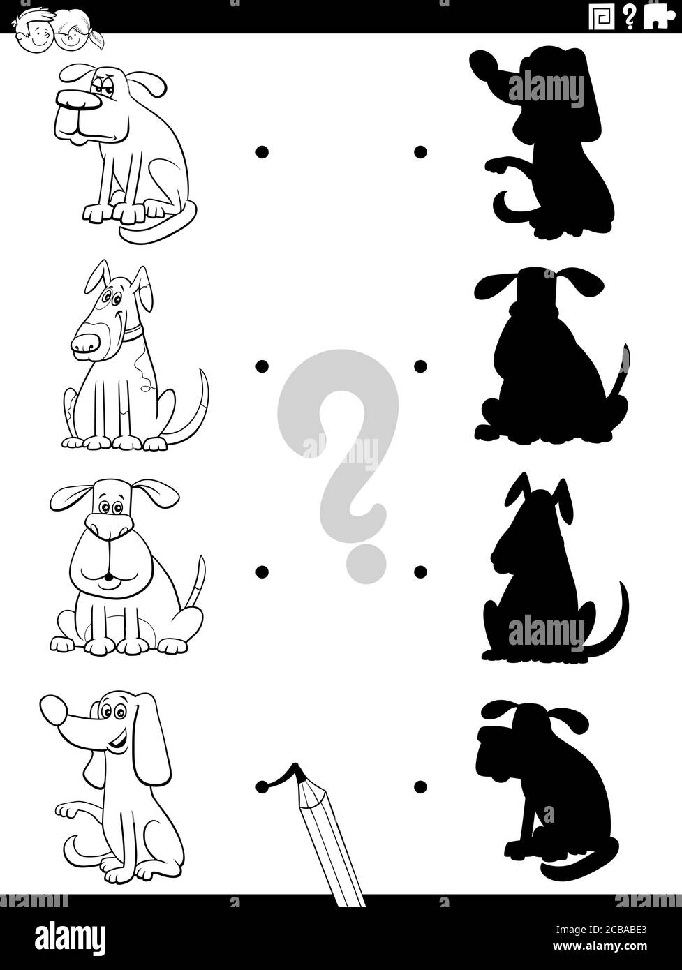 Cartoon bianco e nero Illustrazione di Match the Right Shadows Con immagini gioco educativo per bambini con personaggi di cane comico Libro da colorare Pa Illustrazione Vettoriale