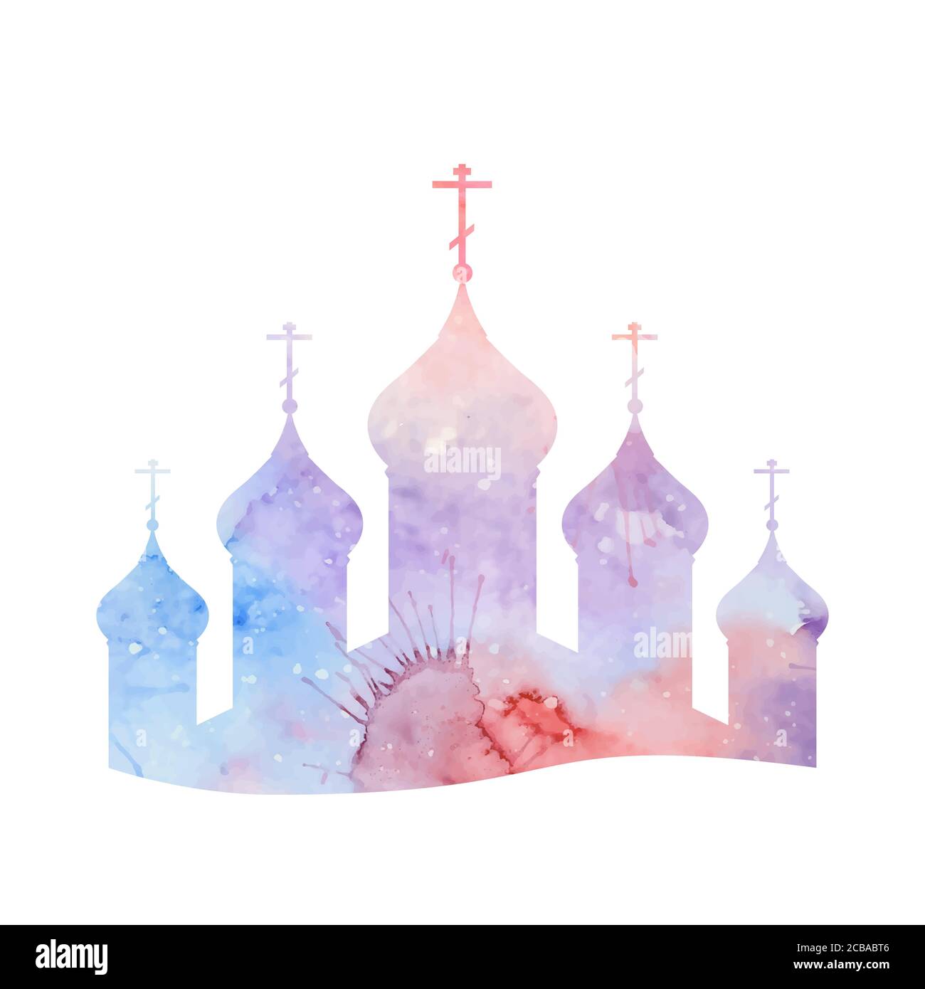 Illustrazione vettoriale con una silhouette della Chiesa ortodossa con sfondo acquerello per infografiche, biglietti di auguri, inviti e il vostro disegno Illustrazione Vettoriale