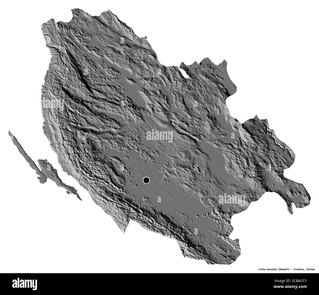 Forma di Licko-Senjska, contea della Croazia, con la sua capitale isolata su sfondo bianco. Mappa elevazione bilivello. Rendering 3D Foto Stock