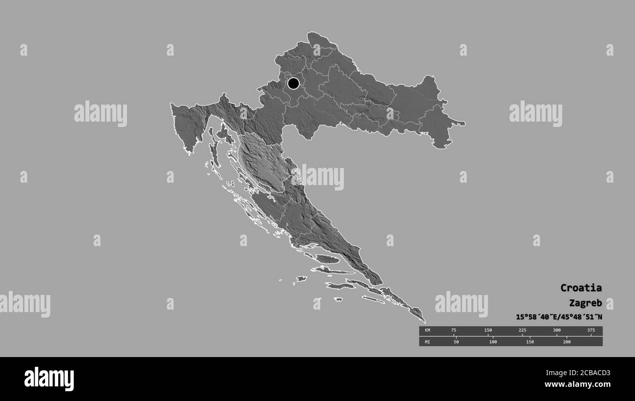 Forma desaturata della Croazia con la sua capitale, la principale divisione regionale e la separata area di Licko-Senjska. Etichette. Mappa elevazione bilivello. Rendering 3D Foto Stock