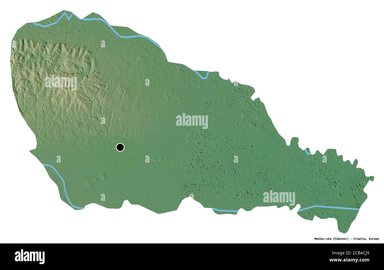 Forma di Medimurska, contea della Croazia, con la sua capitale isolata su sfondo bianco. Mappa di rilievo topografico. Rendering 3D Foto Stock