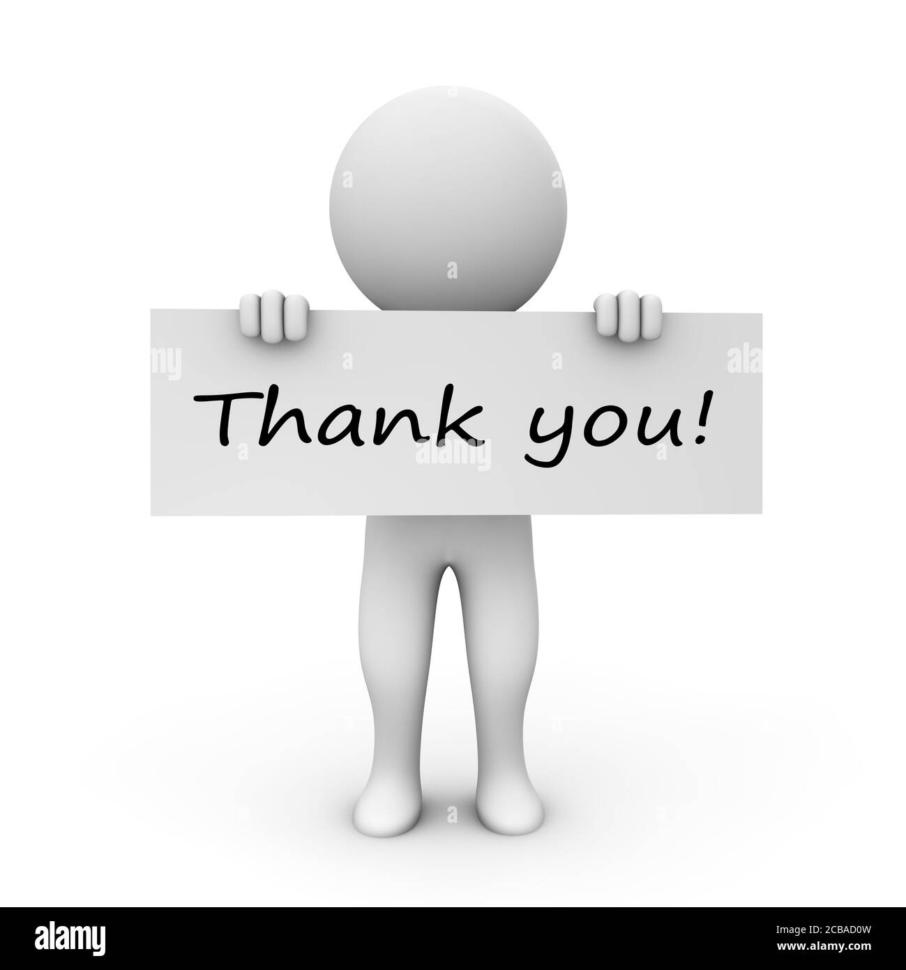 Figura umana illustrata che tiene un segno con 'grazie!' testo isolato su sfondo bianco Foto Stock