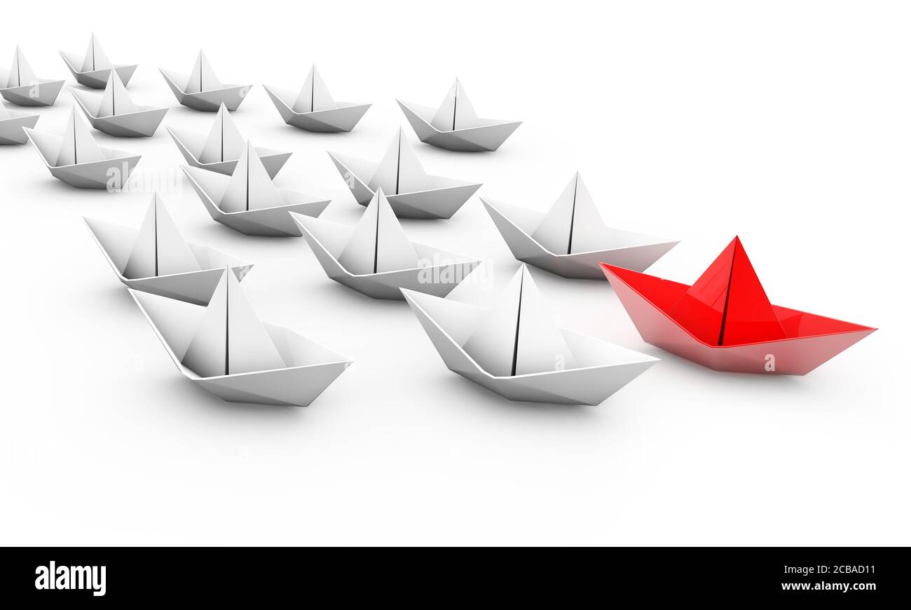 Illustrazione di barche di carta bianca che seguono una rossa Foto Stock