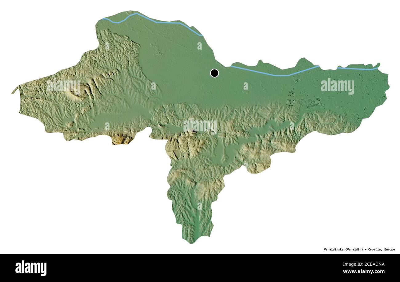 Forma di Varaždinska, contea della Croazia, con la sua capitale isolata su sfondo bianco. Mappa di rilievo topografico. Rendering 3D Foto Stock