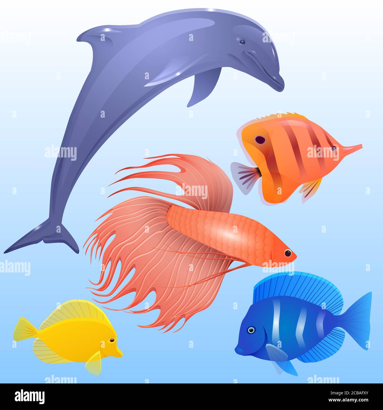 Set vettoriale di pesci tropicali, delfini e gallo per la vostra creatività Illustrazione Vettoriale