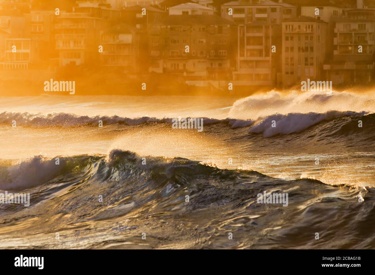 Onde e rigonfie di fronte alle case sul lungomare di Bondi Nord che rotola sulla spiaggia sabbiosa di Bondi all'alba in luce gialla. Foto Stock