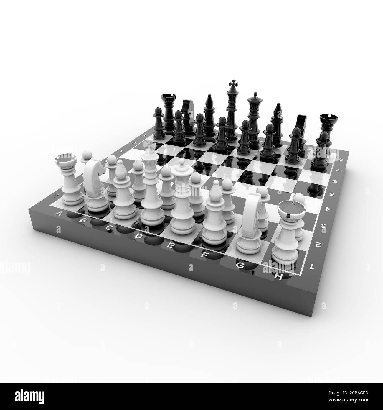 Rendering 3D di una scacchiera in bianco e nero isolata su uno sfondo bianco Foto Stock