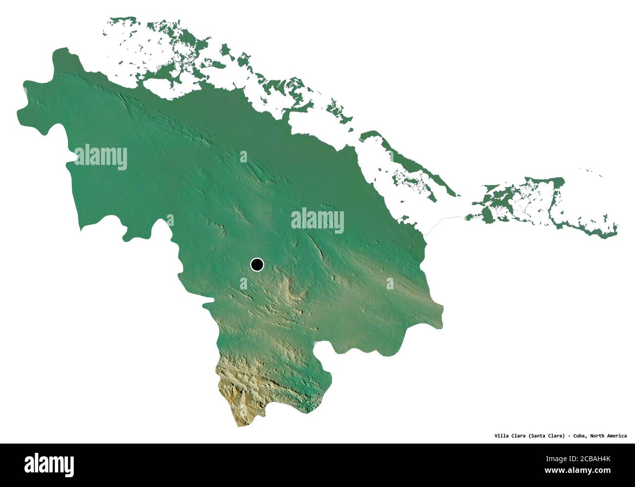 Forma di Villa Clara, provincia di Cuba, con la sua capitale isolata su sfondo bianco. Mappa di rilievo topografico. Rendering 3D Foto Stock