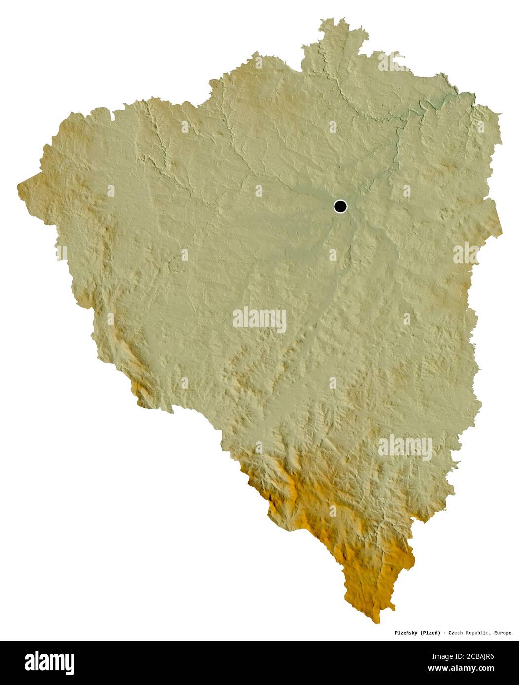 Forma di Plzeňský, regione della Repubblica Ceca, con la sua capitale isolata su sfondo bianco. Mappa di rilievo topografico. Rendering 3D Foto Stock