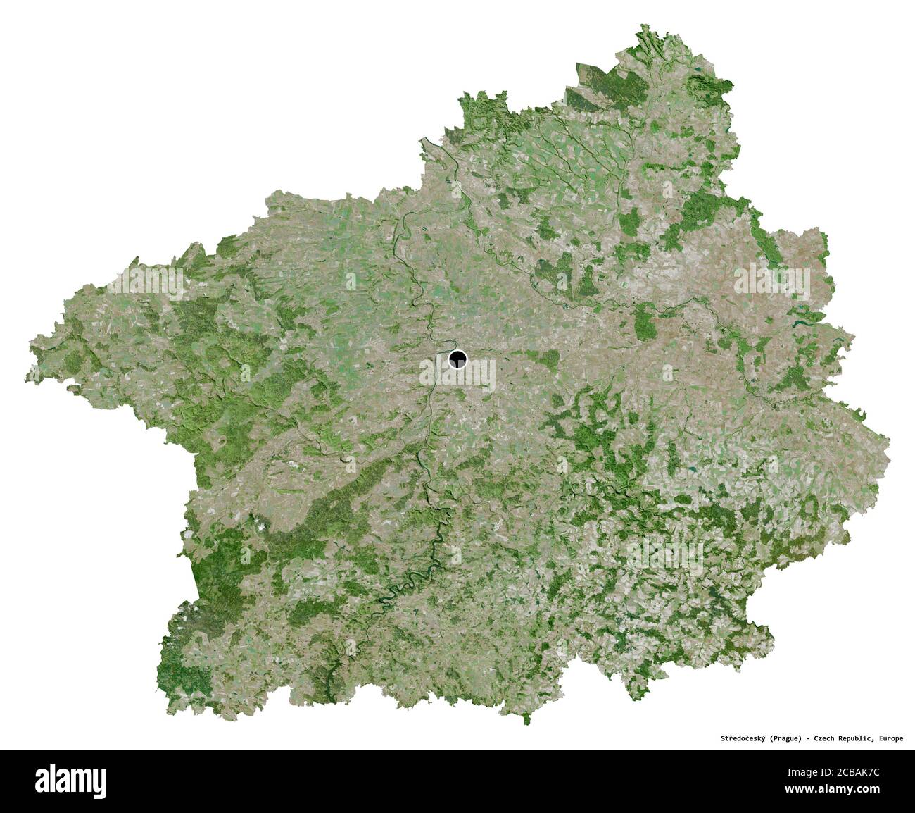 Forma di Středočeský, regione della Repubblica Ceca, con la sua capitale isolata su sfondo bianco. Immagini satellitari. Rendering 3D Foto Stock