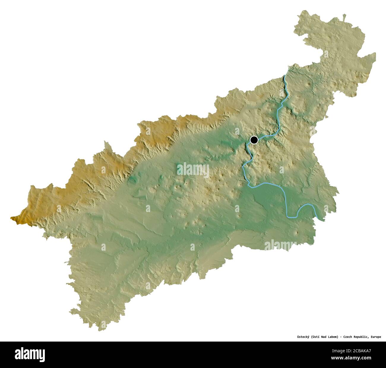 Forma di Ústecký, regione della Repubblica Ceca, con la sua capitale isolata su sfondo bianco. Mappa di rilievo topografico. Rendering 3D Foto Stock