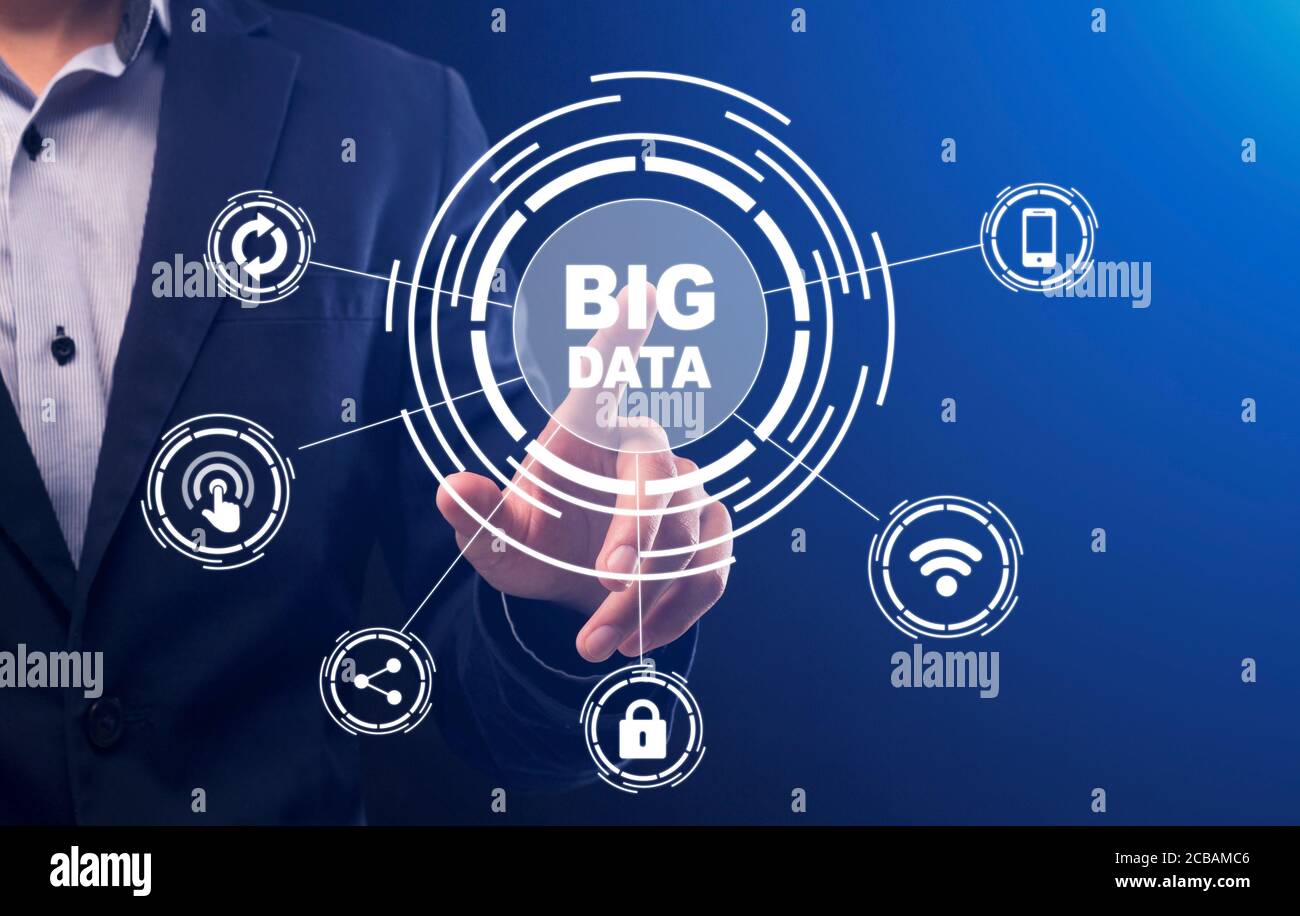 Collage con l'uomo d'affari che seleziona e preme il pulsante Big Data con icone virtuali, sfondo blu Foto Stock