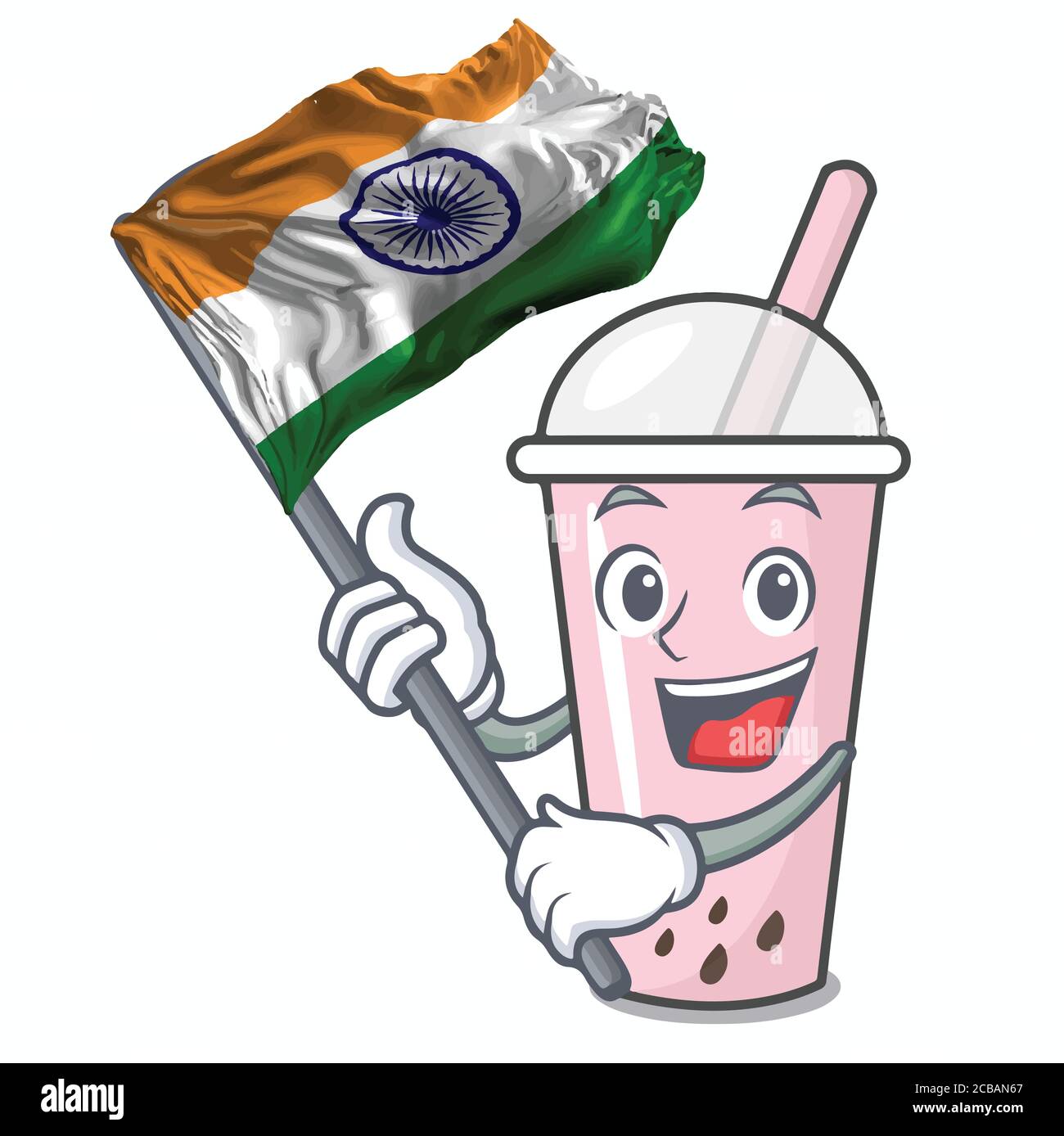 Con bandiera lampone bolla tè carattere cartoon.Independence giorno di India mano disegnato segno su sfondo nero. Bandiera nazionale indiana a tre colori. Illustrazione Vettoriale