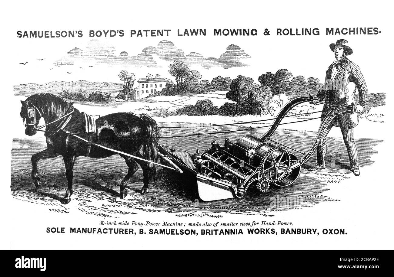 Un annuncio della metà del 19 ° secolo per un tosaerba e rullo utilizzando il potere pony. Foto Stock