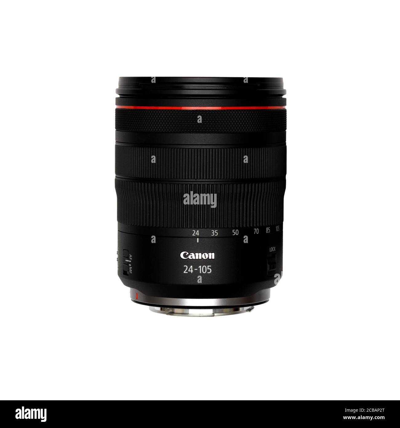 Canon RF 24-105mm lente isolata su sfondo bianco. Prodotto eCommerce Shoot. Foto Stock