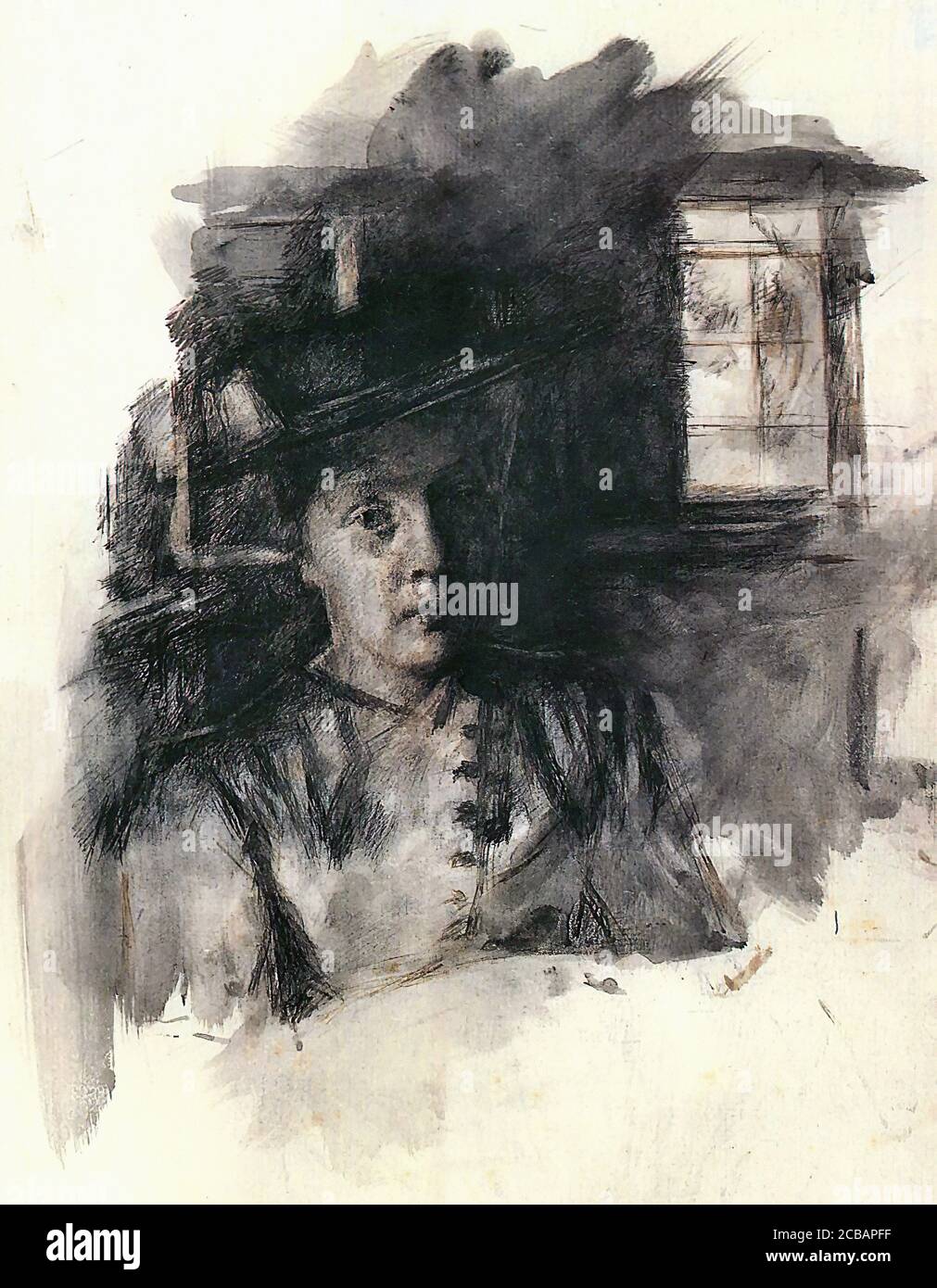 Leibl Wilhelm - MÃ¤dchen mit Hut Vor DEM Fenster Sitzend - Scuola tedesca - 19 ° secolo Foto Stock