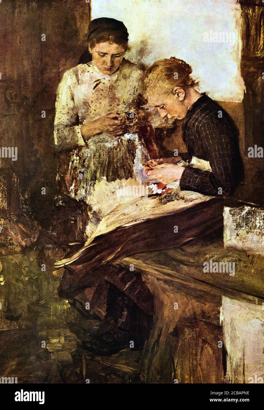 Leibl Wilhelm - Strickende MÃ¤dchen Auf Der Ofenbank - Tedesco Scuola - 19 ° secolo Foto Stock