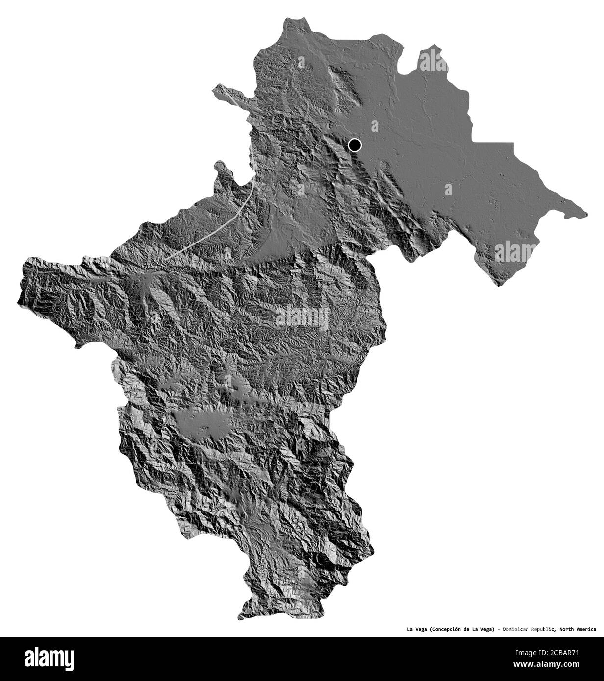 Forma di la Vega, provincia della Repubblica Dominicana, con la sua capitale isolata su sfondo bianco. Mappa elevazione bilivello. Rendering 3D Foto Stock