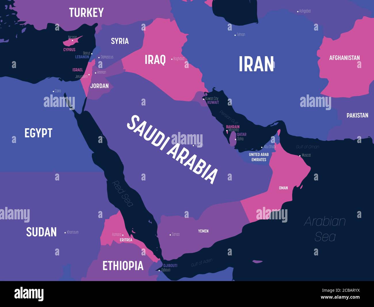Mappa del Medio Oriente. Mappa politica dettagliata del Medio Oriente e della regione della Penisola arabica con l'etichettatura dei nomi di paesi, capitali, oceani e mari. Illustrazione Vettoriale