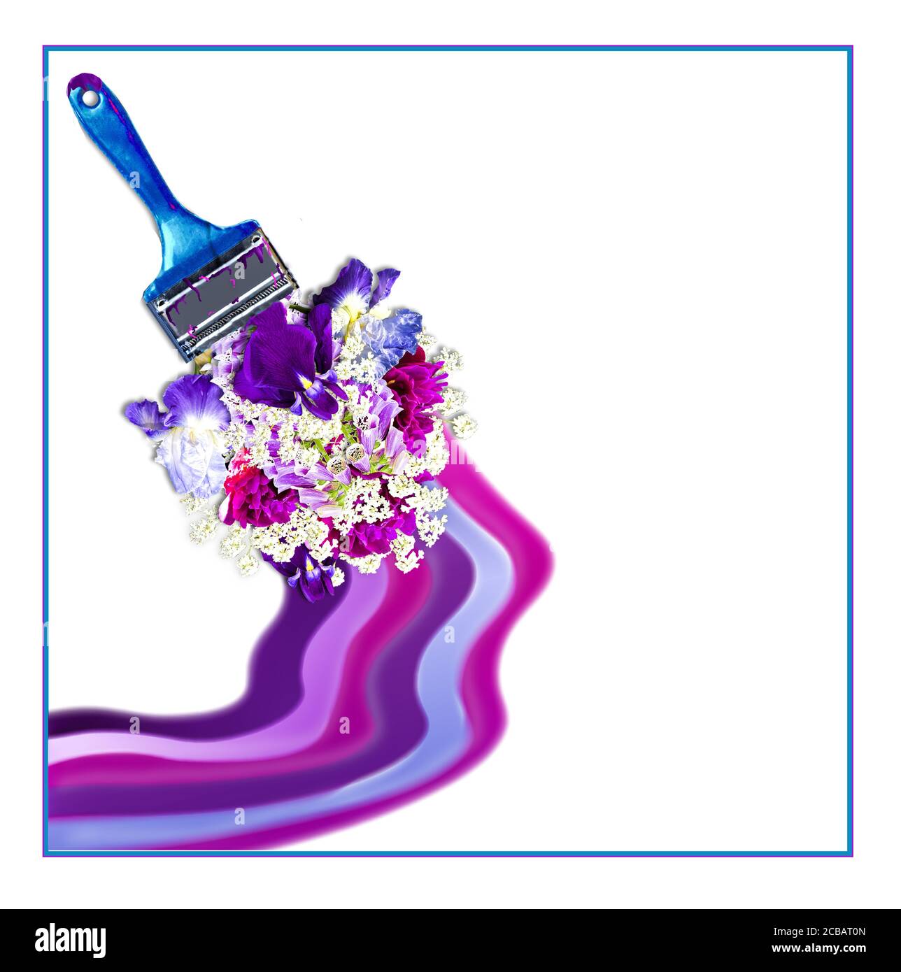 Pittura con fiori da giardino. Fiori usa come pennello in un pennello isolato su sfondo bianco con supporti misti (grafica). Foto Stock