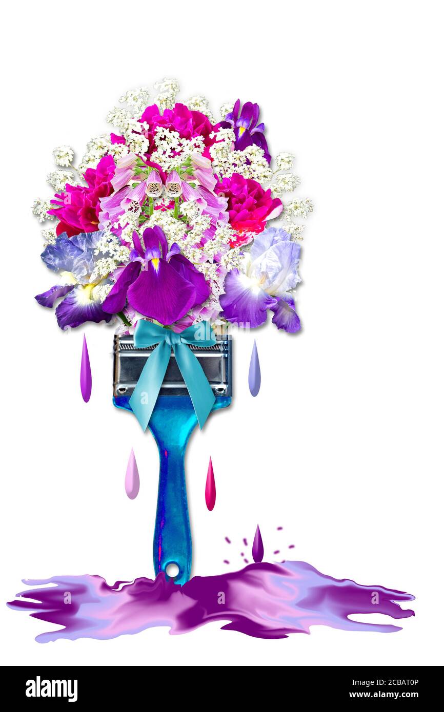 Pittura con fiori da giardino. Fiori usa come pennello in un pennello isolato su sfondo bianco con supporti misti (grafica). Foto Stock