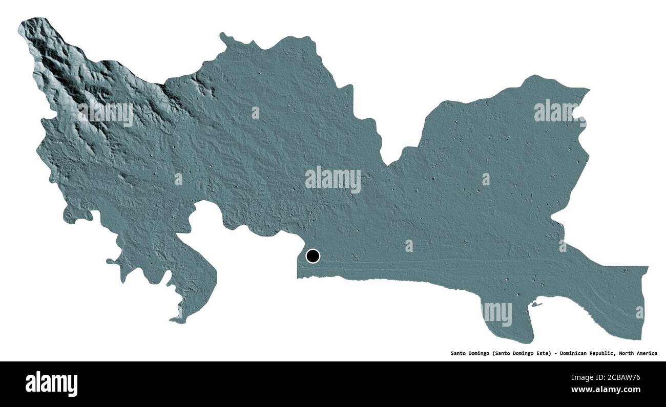 Forma di Santo Domingo, provincia della Repubblica Dominicana, con la sua capitale isolata su sfondo bianco. Mappa di elevazione colorata. Rendering 3D Foto Stock