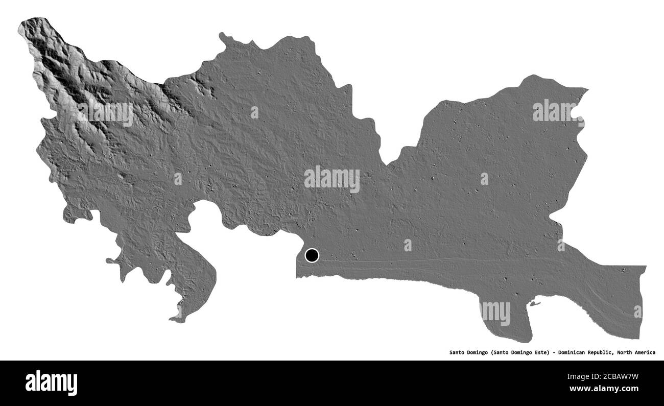 Forma di Santo Domingo, provincia della Repubblica Dominicana, con la sua capitale isolata su sfondo bianco. Mappa elevazione bilivello. Rendering 3D Foto Stock