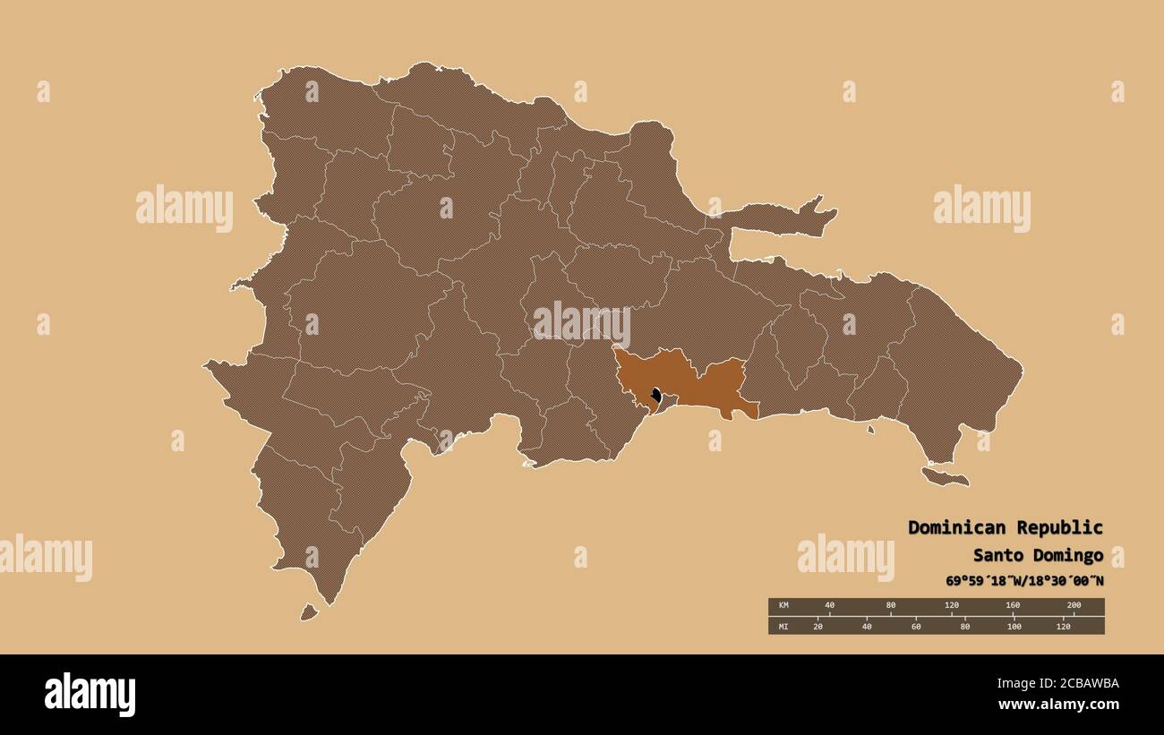 Forma desaturata della Repubblica Dominicana con la sua capitale, la principale divisione regionale e l'area separata di Santo Domingo. Etichette. Composizione del motivo Foto Stock