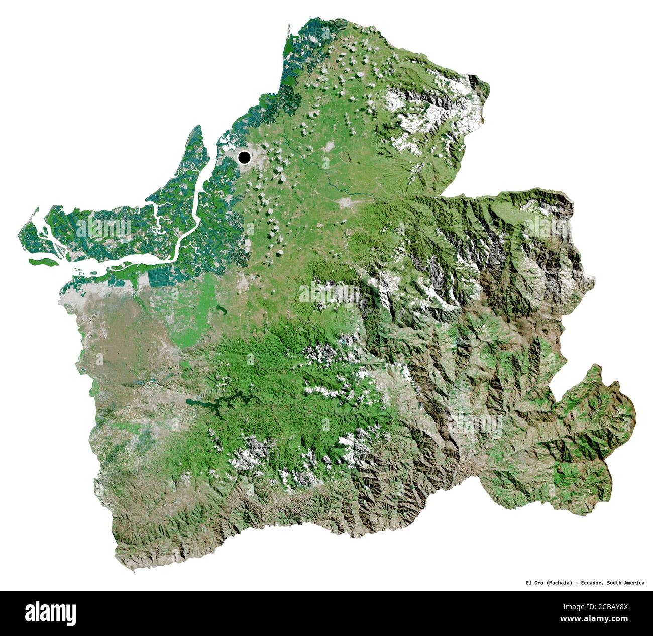 Forma di El Oro, provincia dell'Ecuador, con la sua capitale isolata su sfondo bianco. Immagini satellitari. Rendering 3D Foto Stock