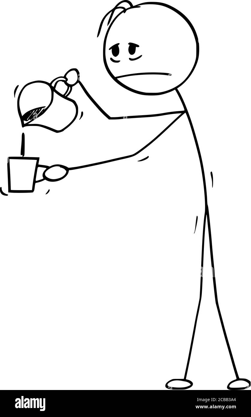 Disegno vettoriale di figura del cartoon illustrazione concettuale di uomo o uomo d'affari senza maniche o stanco con il caffè della sbornia che versa nella tazza. Illustrazione Vettoriale