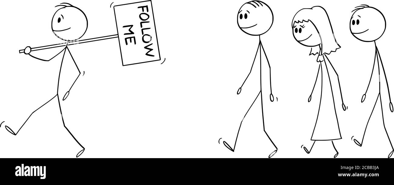 Vettore cartoon figura disegno disegno illustrazione concettuale di uomo, leader, manager o uomo d'affari leader squadra, gruppo o folla di persone e tenere mi seguono segno. Illustrazione Vettoriale