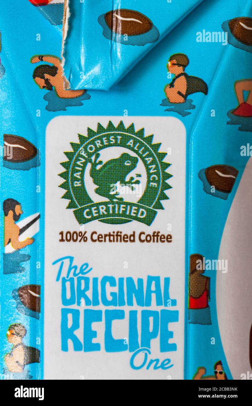 Rainforest Alliance certificato al 100% di dettaglio di caffè certificato su scatola di caffè Jimmys Iced caffè latte Original drink - la ricetta originale Foto Stock