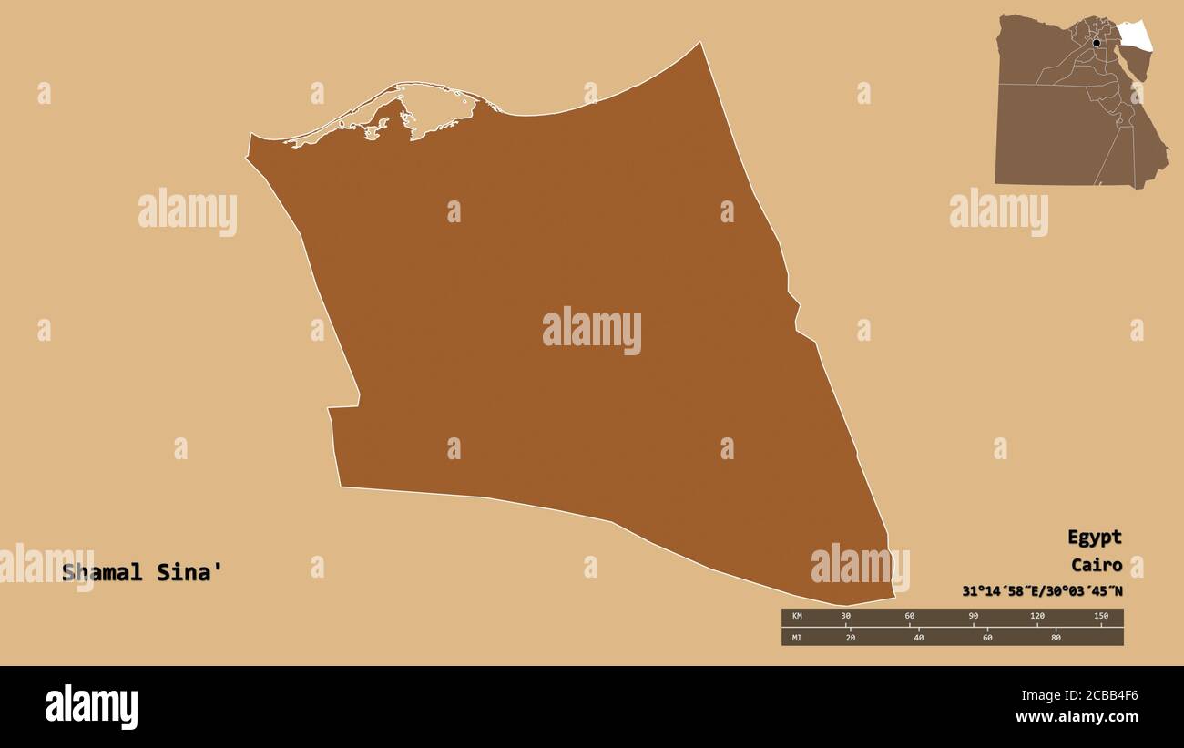 Forma di Shamal Sina', governatorato d'Egitto, con la sua capitale isolata su solido sfondo. Scala della distanza, anteprima della regione ed etichette. Composizione di Foto Stock