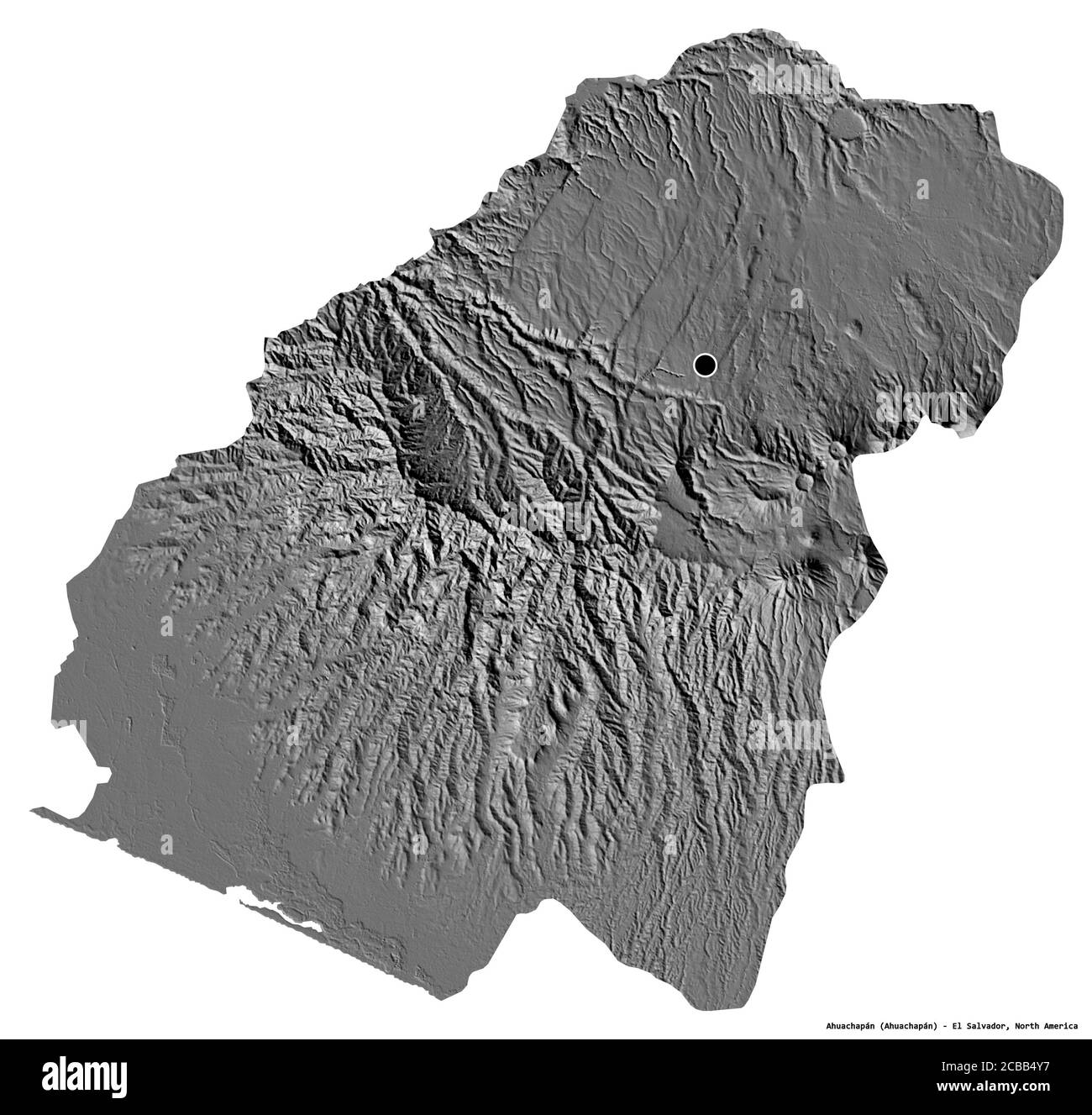 Forma di Ahuachapán, dipartimento di El Salvador, con la sua capitale isolata su sfondo bianco. Mappa elevazione bilivello. Rendering 3D Foto Stock